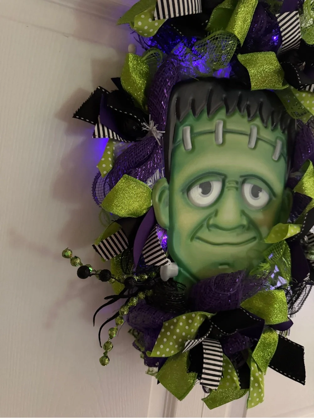 Frankenstein Halloween Door Wreath Swag Lighted Deco Mesh Purple Green Handmade